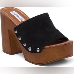 Steve Madden Platform Mule Black Suede Wooden Chunky Sandal Size 9 Retro Boho